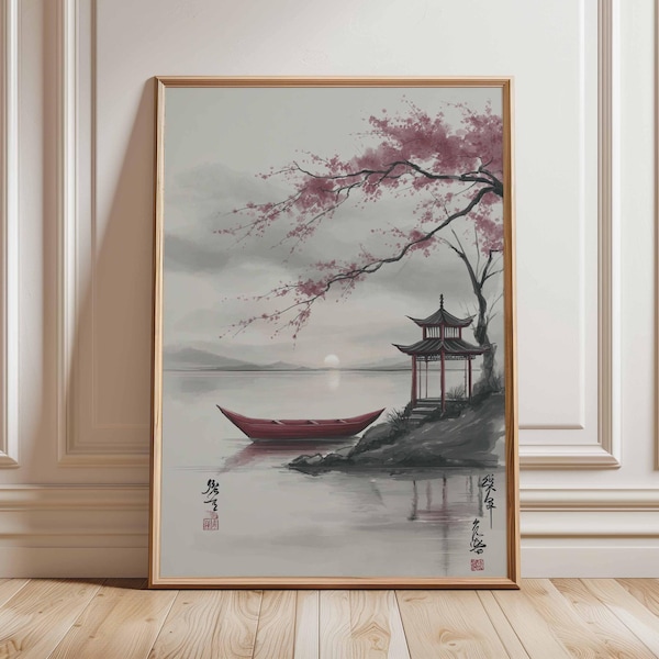 Japanese Cherry Blossom Pagoda Poster, Oriental Landscape Wall Art, Asian Nature Print