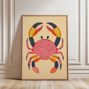Colourful Crab Poster, Folk Art Illustration, Coastal Wall Art