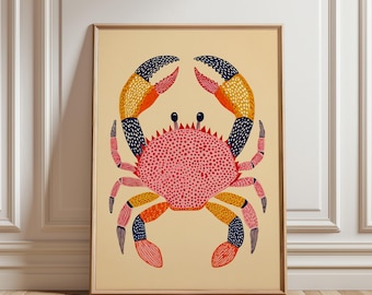 Colourful Crab Poster, Folk Art Illustration, Coastal Wall Art