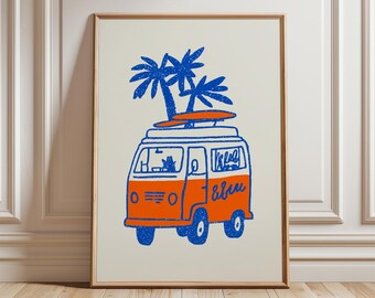 Retro Surf Van Print, Minimalist Beach Art, Coastal Home Decor