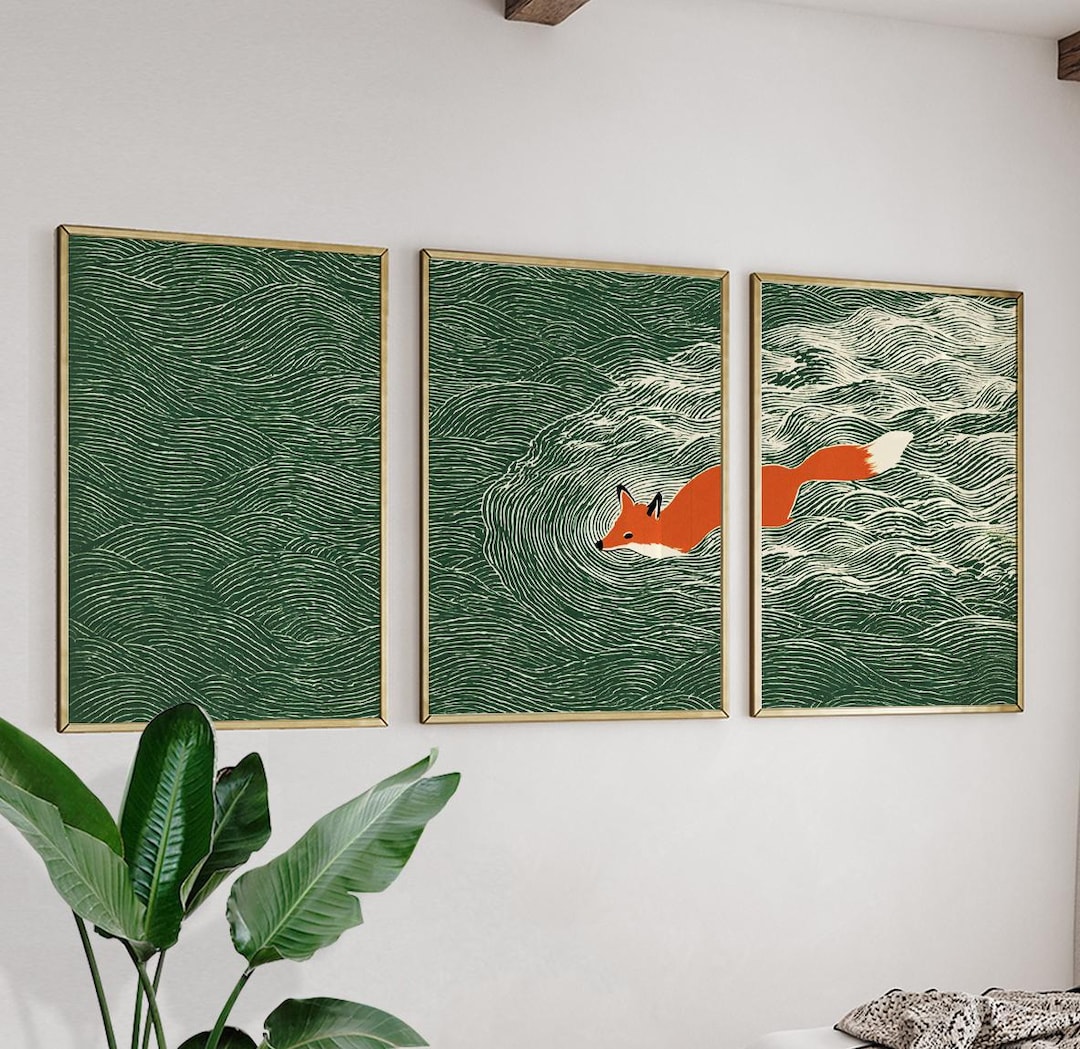 Japanese Fox Ocean Wall Art Set | Green Wave Triptych | 3 Posters