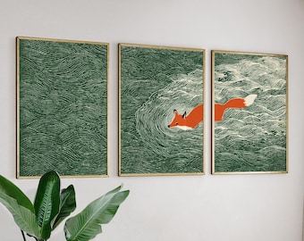 Japanese Fox Ocean Wall Art Set | Green Wave Triptych | 3 Posters