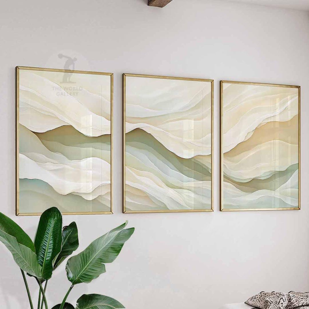 Set of 3 Neutral Abstract Prints, Minimalist Wall Art, Beige