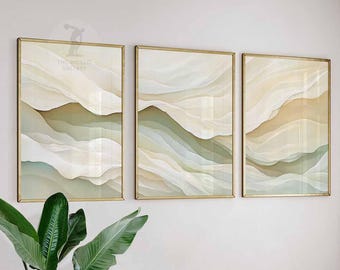 Set of 3 Neutral Abstract Prints, Minimalist Wall Art, Beige