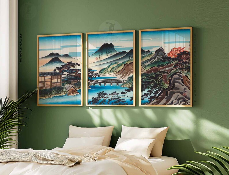 Set of 3 Japanese Floral Posters, Gold Japanese Prints, Botanical Wall