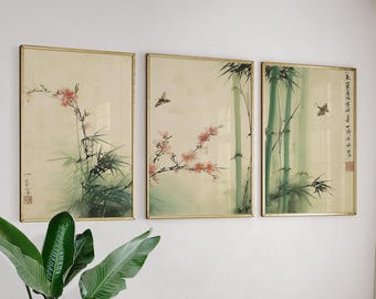 Bamboo And Blossom Set Of 3 Posters, Japanese Art Prints
