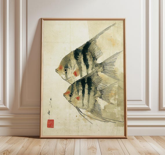 Japanese Ink Fish Art Print, Koi Wall Art, Minimalist Zen Decor, Brush Painting Poster, Tranquil Asian Style Watercolor Fish Artwork