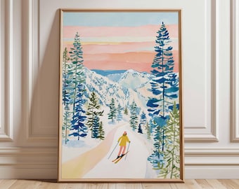 Skiing Wall Art Print, Alpine Mountain Scene
