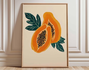 Papaya Wall Art Print, Tropical Kitchen Decor, Botanical Poster