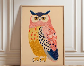 Colourful Owl Poster, Modern Folk Illustration In Pink Yellow And Navy