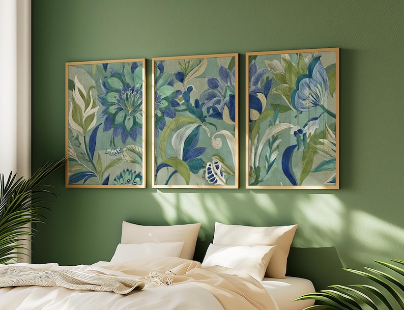 Blue Green Botanical Wall Art Posters Set of 3 | Floral Nature Prints ...