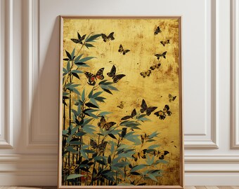 Schmetterling Poster, Golden Monarch Illustration mit Bambus, Asiatisch inspirierte Kunst