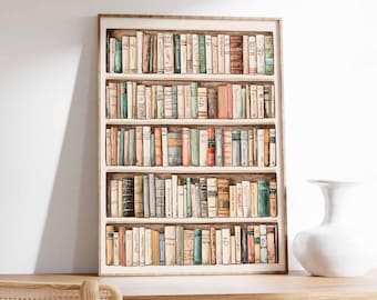Vintage Bookshelf Poster, Retro Library Wall Art
