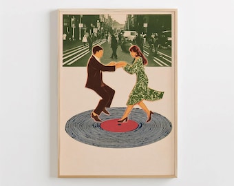 Couple Dancers on Record Poster, Retro Abstract Wall Art