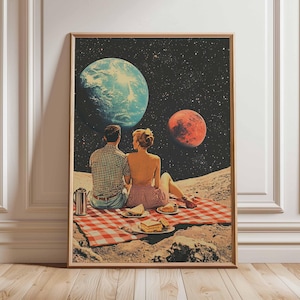 Póster retro de ciencia ficción, decoración cósmica surrealista de los años 70, póster espacial futurista, impresión de paisaje vintage, obra de arte espacial para dormitorio y sala de estar.
