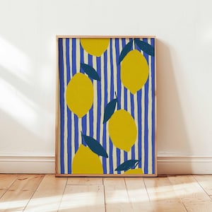 Minimalistische Zitrone Art Print, Skandinavische Küchen Dekoration, Blau Gestreifte Wandkunst, Modernes Obst Poster, Einzigartiges Retro Wohndekor