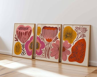 Retro Floral Wall Art Set, Mid Century Modern Botanical Prints