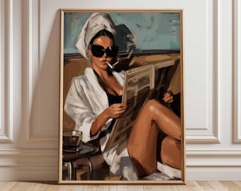 Arte mural de moda / Póster de glamour moderno / Pintura de mujer leyendo el periódico / Arte de estilo de vida elegante / Decoración contemporánea del hogar
