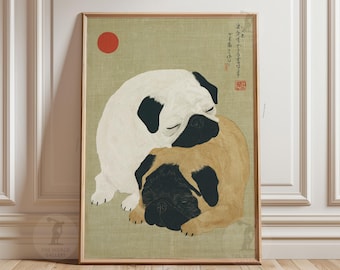 Beige And Fawn Pug | Japanese Woodblock Style Animal Illustration | Red Sun Wall