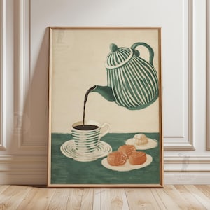 Può includere: Una stampa artistica incorniciata raffigura una teiera a righe verdi e bianche che versa liquido scuro in una tazza e un piattino abbinati. Tre pasticcini sono su un piatto bianco. L'opera d'arte ha un'estetica vintage.