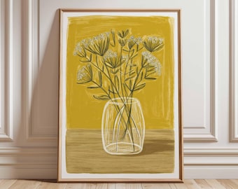 Floral Line Drawing Print, Mustard Yellow Scandinavian Wall Art