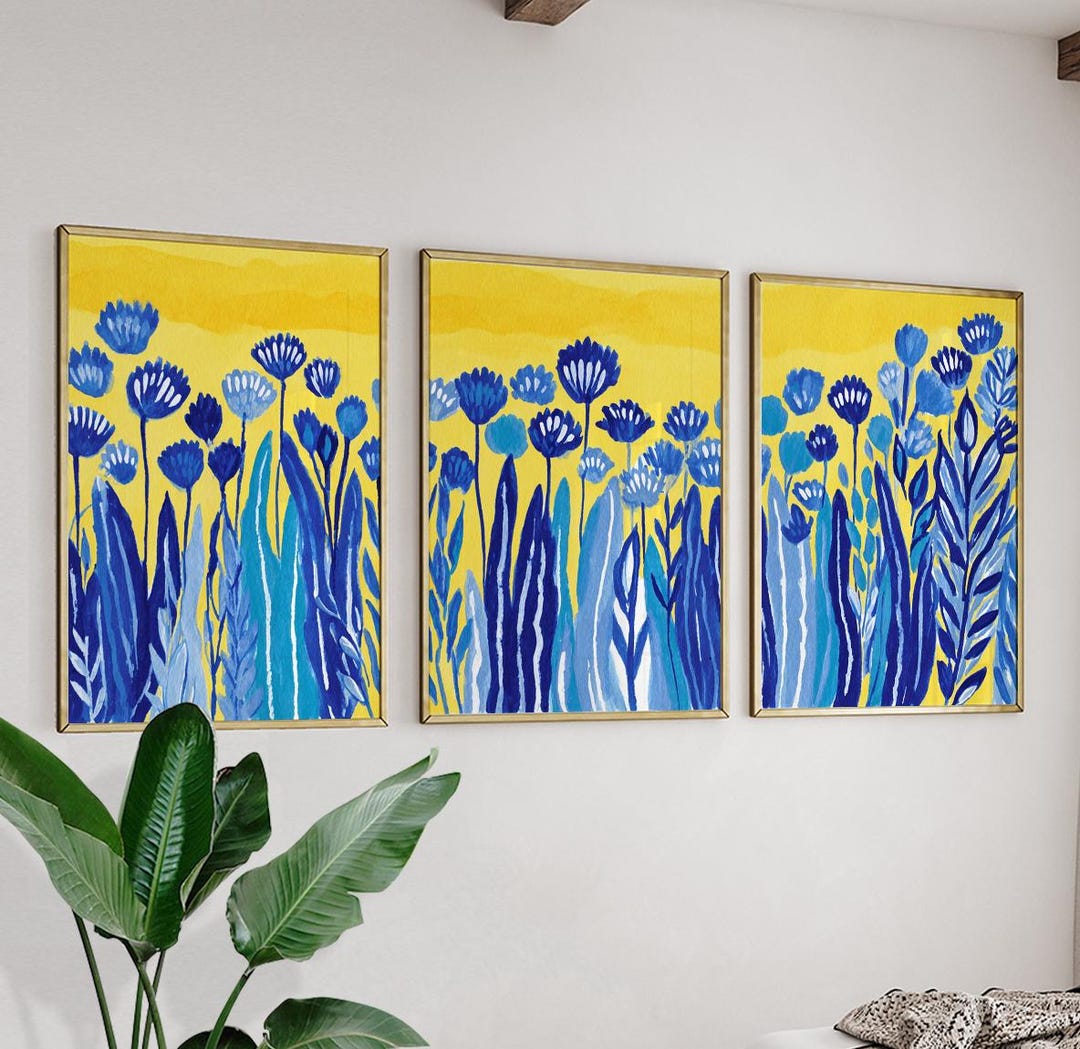 Blue Yellow Floral Wall Art Posters | Modern Botanical Triptych Prints ...