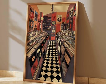 May include: A colorful illustration of a record store interior with rows of vinyl records on shelves, a checkered black and white floor, and a red door in the back.