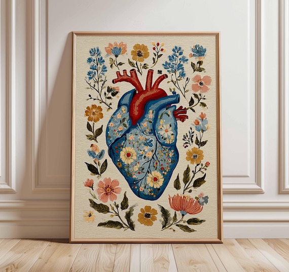 Floral Human Heart Art Print, Botanical Anatomy Wall Art, Medical Heart Poster, Unique Flower Illustration, Modern Home Decor