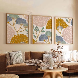 Retro Floral Pattern Set of 3 Posters, Mid Century Modern Floral Prints, Boho Living Room Decor, Bold Botanical Poster Set, Aesthetic Art