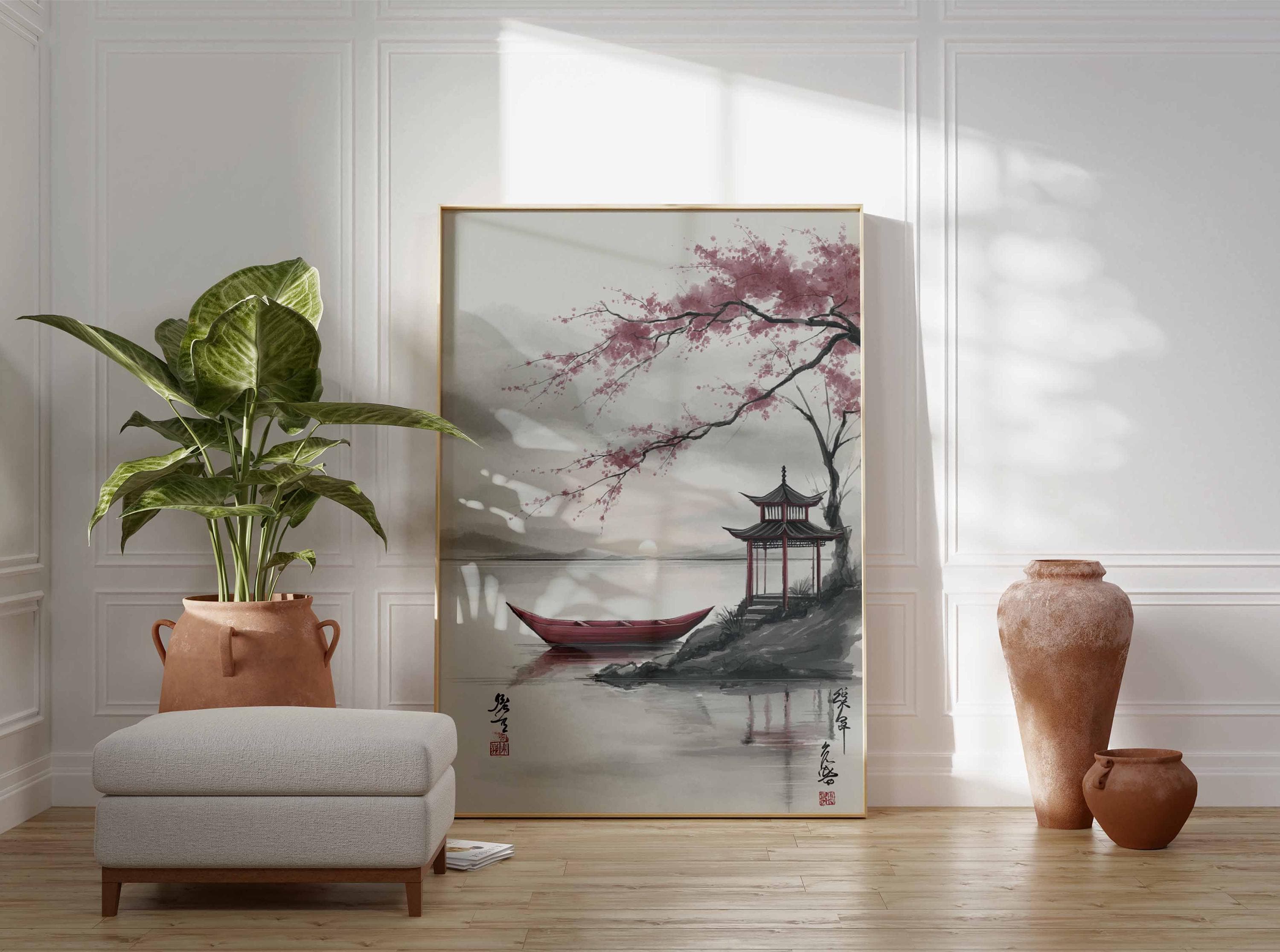 Japanese Cherry Blossom Pagoda Poster, Oriental Landscape Wall Art