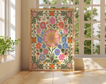 Vintage Mexican Floral Print, Botanical Folk Art Poster