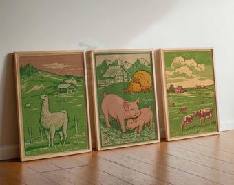 Vintage Farm Animal Prints, Rustic Cottagecore Wall Art Set of 3