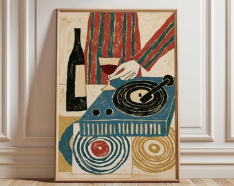 Abstrakter Kunstdruck mit Wein und Plattenspieler | Wandbild im Mid-Century-Modern-Stil | Retro-Musikillustration