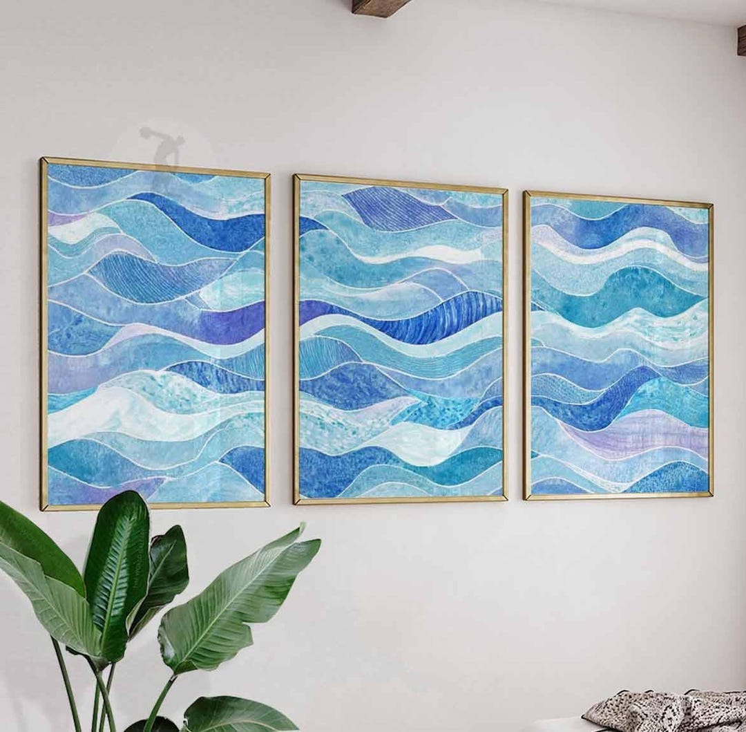 Set of 3 Abstract Wave Wall Art Prints, Blue Ocean Inspired Posters ...