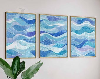 Abstract Wave Art Prints, Set of 3 Blue Coastal Posters