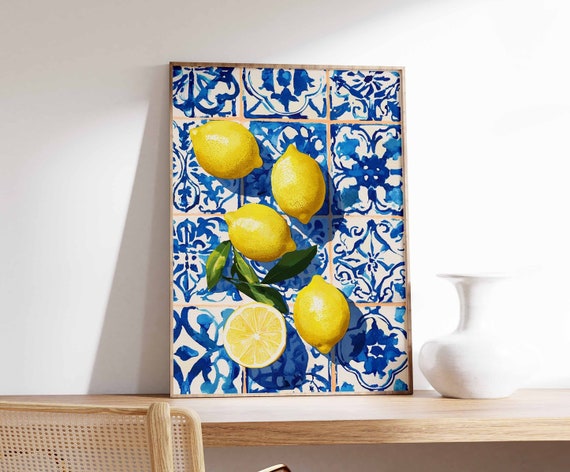 Lemons Poster, Tropical Decor, Lemon Print, Kitchen Wall Art, Boho Art, Retro Food Art, Kitchen Poster, Kitchen Decor, Food Poster, Food Art