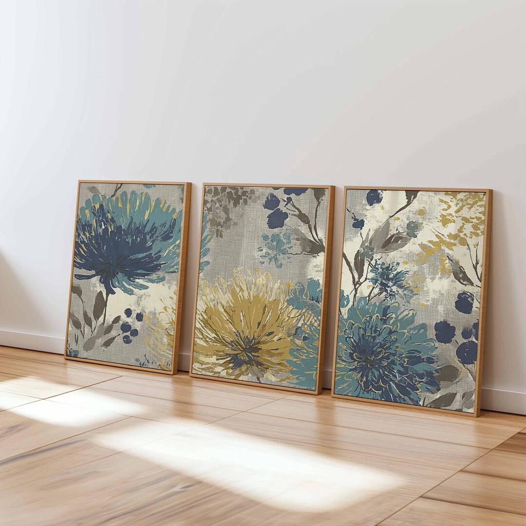 Curated visual reference: Picture Idea: Teal And Mustard Floral Wall Art Set Of 3 Modern