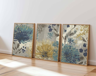 Teal and Mustard Floral Wall Art Set of 3, Modern Botanical Prints, Blue and Yellow Flower Posters for Living Room or Bedroom Wall Decor