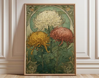 Art Nouveau Floral Wall Art, Vintage Botanical Poster, Chrysanthemum Flower Print, Elegant Nature Illustration, Classic Home Decor