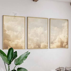 Beige Clouds Bedroom Wall Art Set of 3 Prints, White Clouds Beige Sky Posters, Vintage Home Decor, Set of 3 Large Poster Art, Bedroom Decor