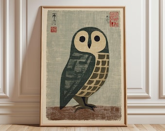 Japanse uilkunstdruk, vintage houtsnedestijl, rustiek natuurdecor