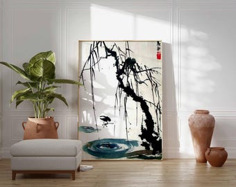 日本の水墨画、禅柳の木のアート、ミニマリストな侘び寂びのプリント