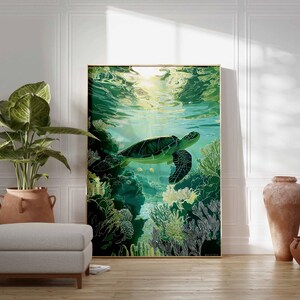 May include: A framed art print featuring a sea turtle swimming underwater. The artwork showcases a green sea turtle with detailed flippers and shell, surrounded by coral and sunlight filtering through the water. The color palette is dominated by greens and blues.