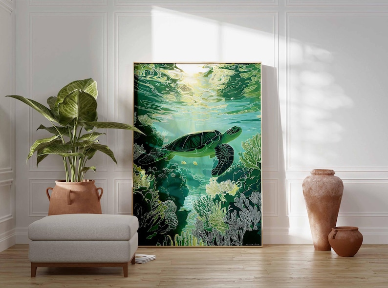 May include: A framed art print featuring a sea turtle swimming underwater. The artwork showcases a green sea turtle with detailed flippers and shell, surrounded by coral and sunlight filtering through the water. The color palette is dominated by greens and blues.