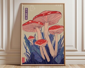 Japanese Mushroom Line Art Print, Vintage Botanical Poster