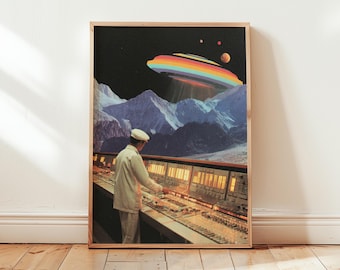 Retro Sci-Fi Collage Poster, Regenbogen UFO, Vintage Kontrollraum