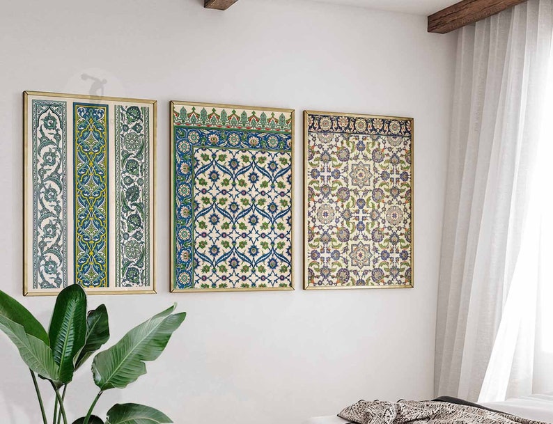 May include: Three framed prints with intricate geometric patterns in shades of blue, green, and white. The prints are arranged in a row on a white wall.