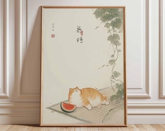 Estampado de gato japonés y sandía, arte mural de animales kawaii