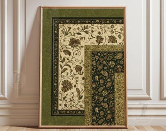 Persian Botanical Textile Art Poster | Antique Floral Rug Design | Green Interior Print