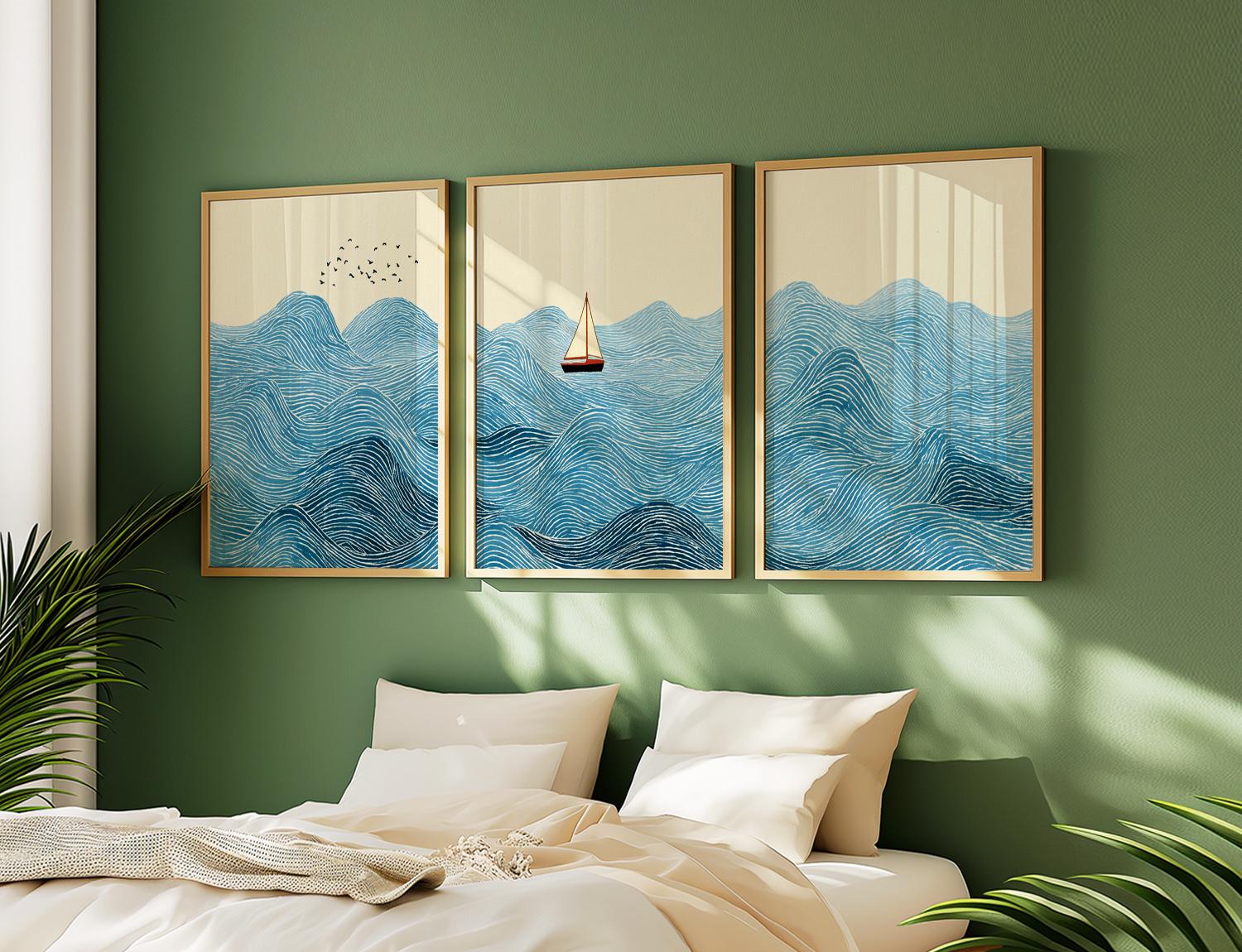 Blue Ocean Wave Wall Art Set of 3 Posters | Sailboat Coastal Triptych ...
